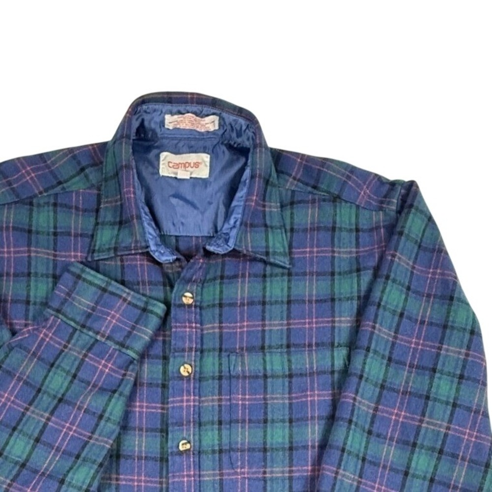 Vintage Campus Plaid Flannel Shirt Green Blue 100% Acrylic‎ 70s 80s Mens XLT